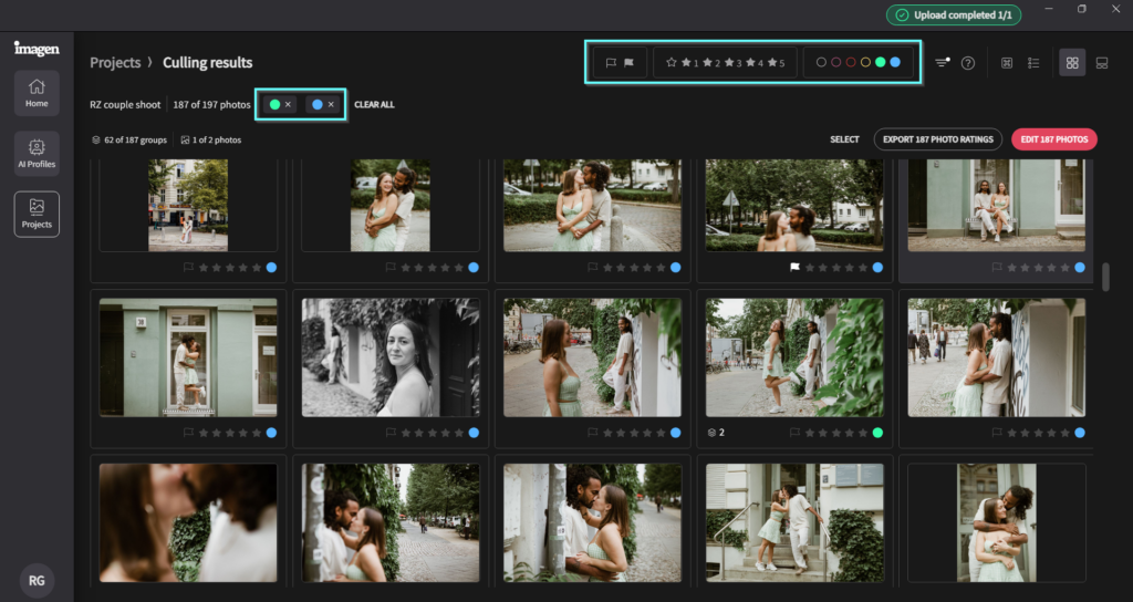 AI編集が適用されたImagenカリングスタジオでの写真レビューと編集への送信