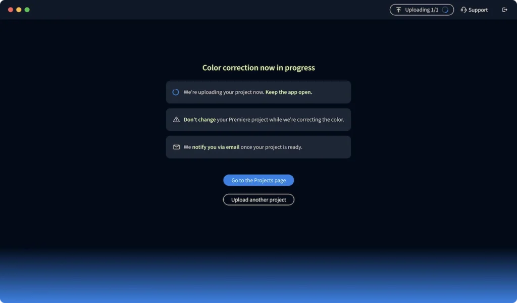 Imagen AI 비디오 소프트웨어가 색 보정된 비디오를 Adobe Premier 프로젝트 폴더로 다시 업로드하고 있습니다.
