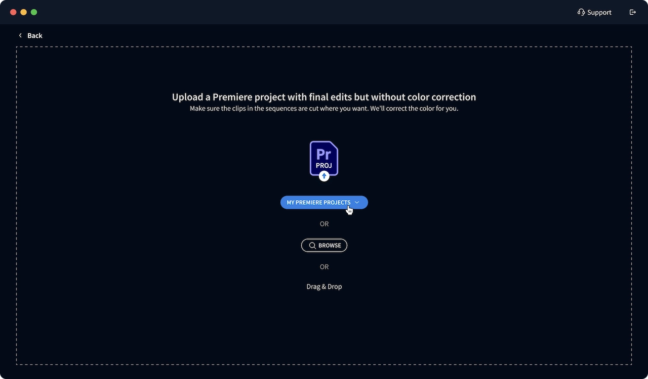 Imagen 비디오 AI 색 보정을 시도하려면 Adobe Premier 프로젝트를 업로드하세요. 